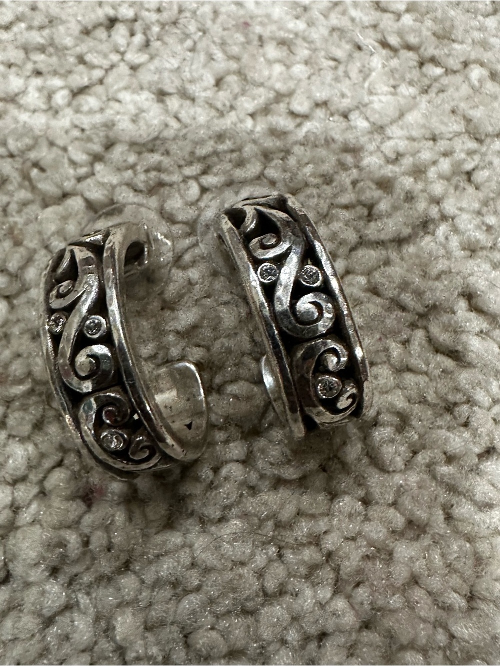 Brighton Silver-Tone Scroll Hoop Earrings with Clear Accents